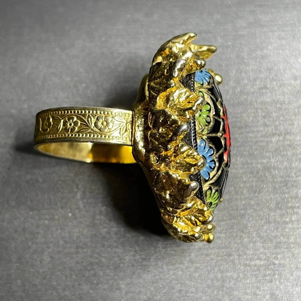 Moroccan Glass Lg Cabochon Gold Tone Leaves Vintage Adjustable Ring Sz 7 - Picture 9 of 12